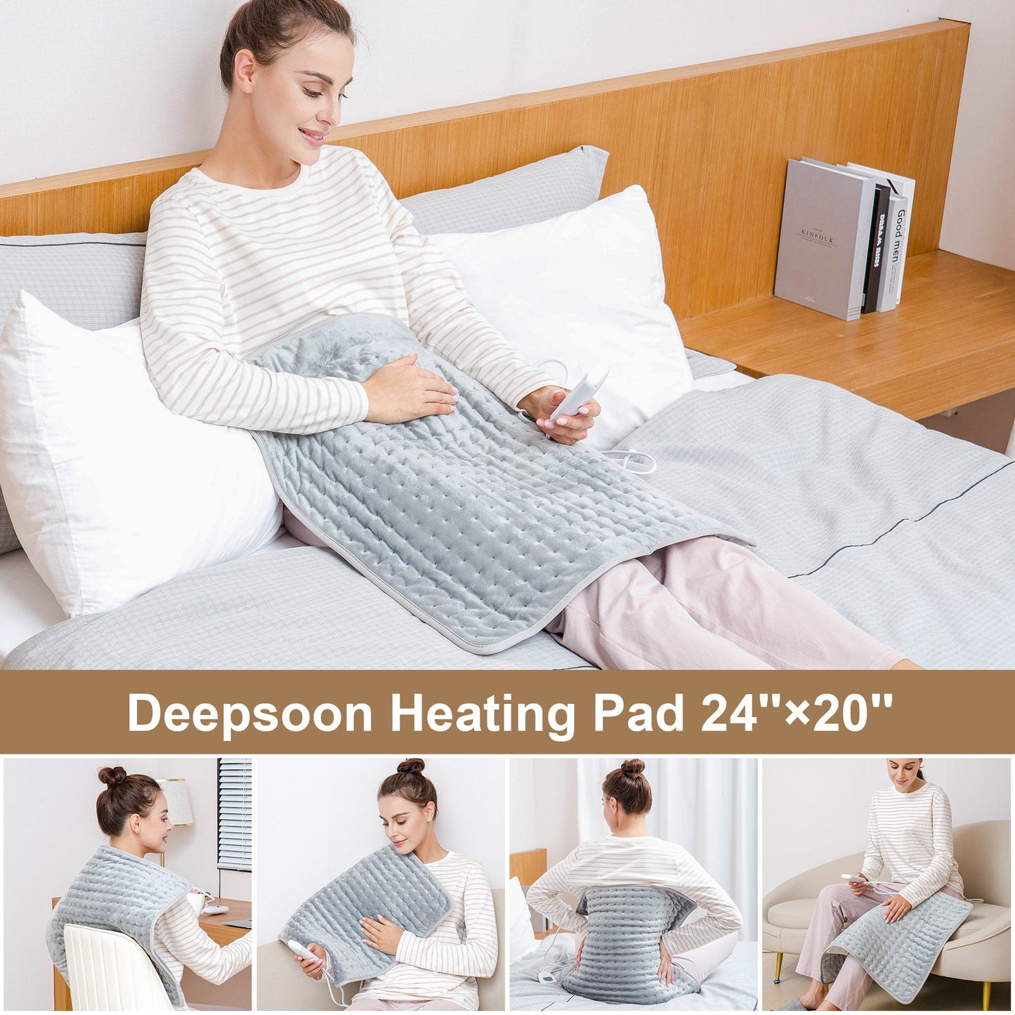 Heating Pad,Electric Heating Pads for Back,Hot Heated Pad for Abdomen,Shoulder,Knee,Multiple Temp and Auto Shut Off(Light Gray, 24''×12'')