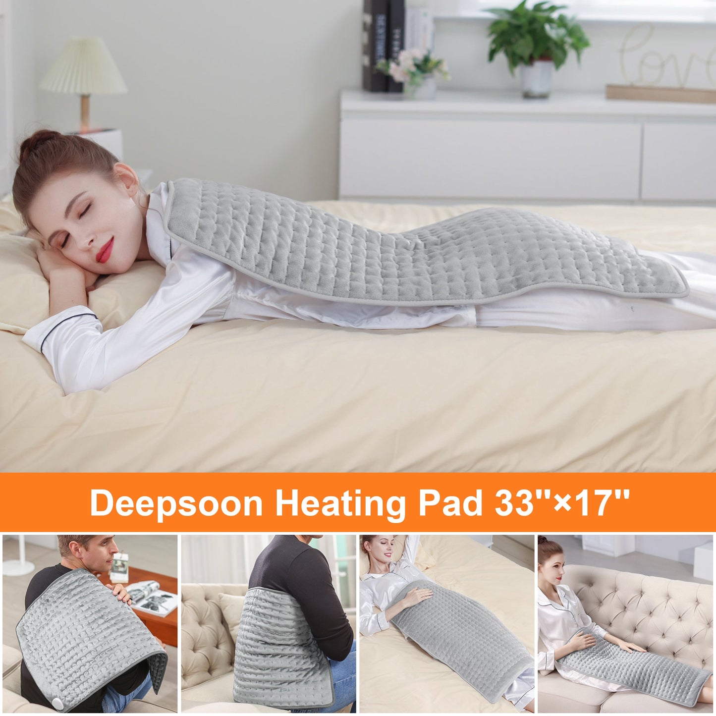 Heating Pad,Electric Heating Pads for Back,Hot Heated Pad for Abdomen,Shoulder,Knee,Multiple Temp and Auto Shut Off(Light Gray, 33''×17'')