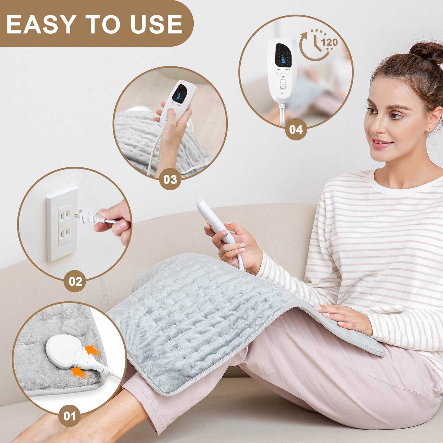 Heating Pad,Electric Heating Pads for Back,Hot Heated Pad for Abdomen,Shoulder,Knee,Multiple Temp and Auto Shut Off(Light Gray, 24''×12'')