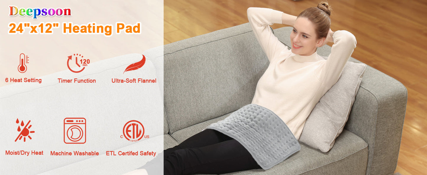 Heating Pad,Electric Heating Pads for Back,Hot Heated Pad for Abdomen,Shoulder,Knee,Multiple Temp and Auto Shut Off(Light Gray, 24''×12'')