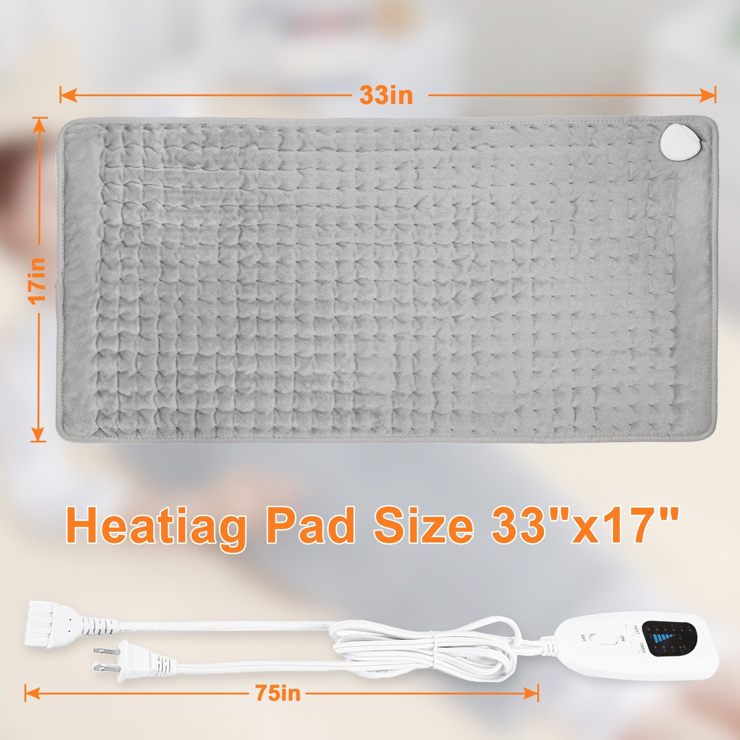 Heating Pad,Electric Heating Pads for Back,Hot Heated Pad for Abdomen,Shoulder,Knee,Multiple Temp and Auto Shut Off(Light Gray, 33''×17'')