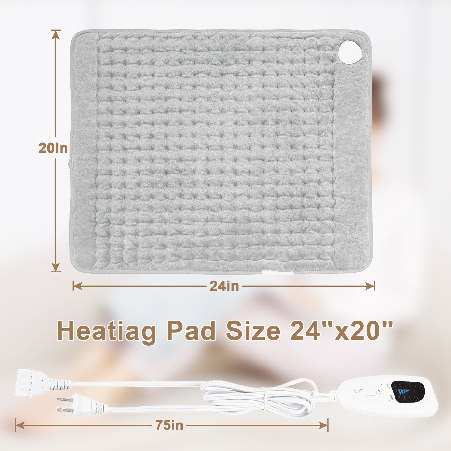 Heating Pad,Electric Heating Pads for Back,Hot Heated Pad for Abdomen,Shoulder,Knee,Multiple Temp and Auto Shut Off(Light Gray, 24''×12'')